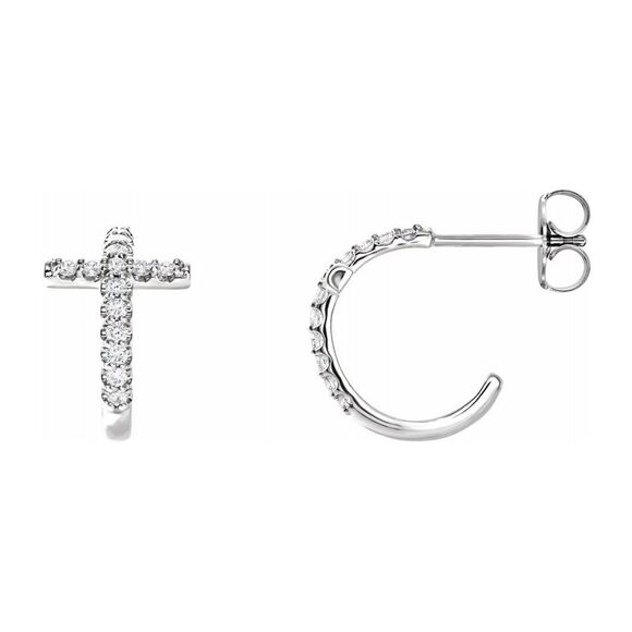 14K White Gold 1/4 CTW Diamond Cross J Hoop Earrings 9 x 12mm